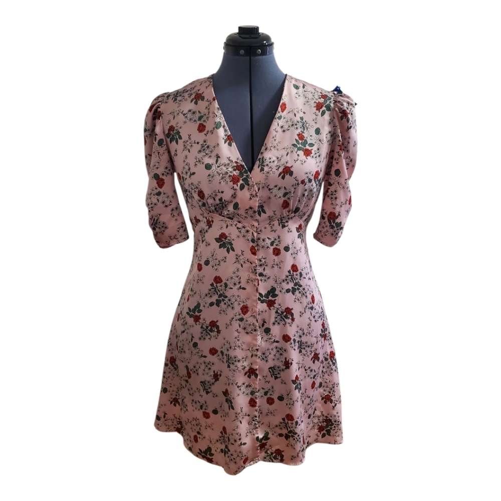 ZARA Mini Dress Pink Floral Print v-neck puff sleeve ruching XS Coquette Girl